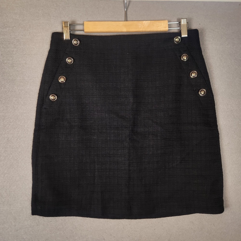 Ann Taylor Loft Tweed Skirt Women's 8T Black Gold Buttons Mini‎ NWT Preppy